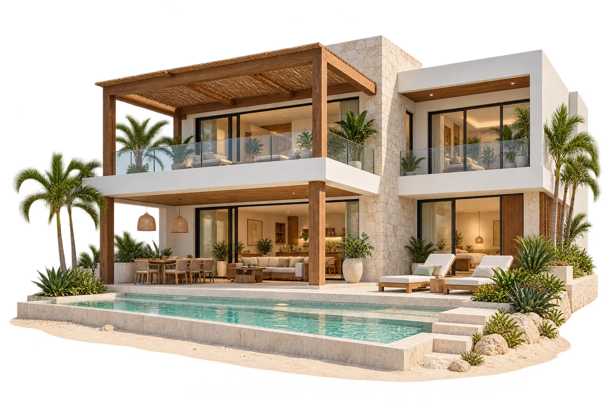 Ilustración de una casa de playa contemporánea con terraza, palmeras y alberca