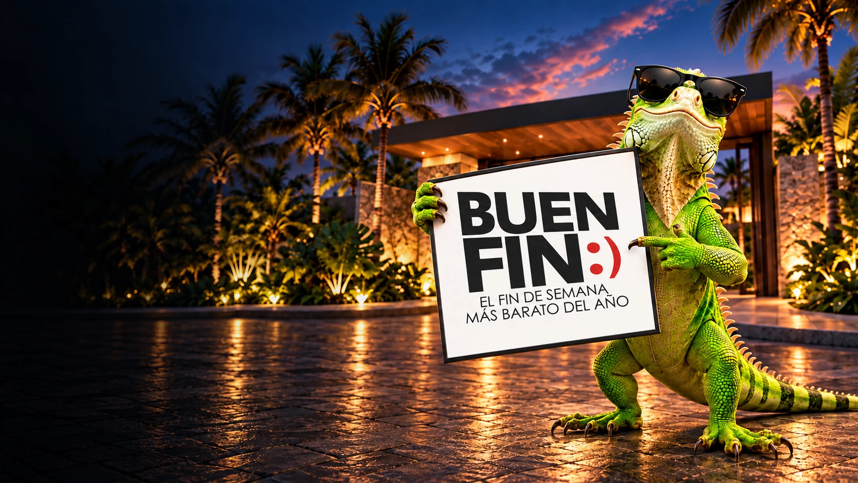 Iguana de la campaña Buen Fin frente a una residencia al atardecer. Imagen ilustrativa.