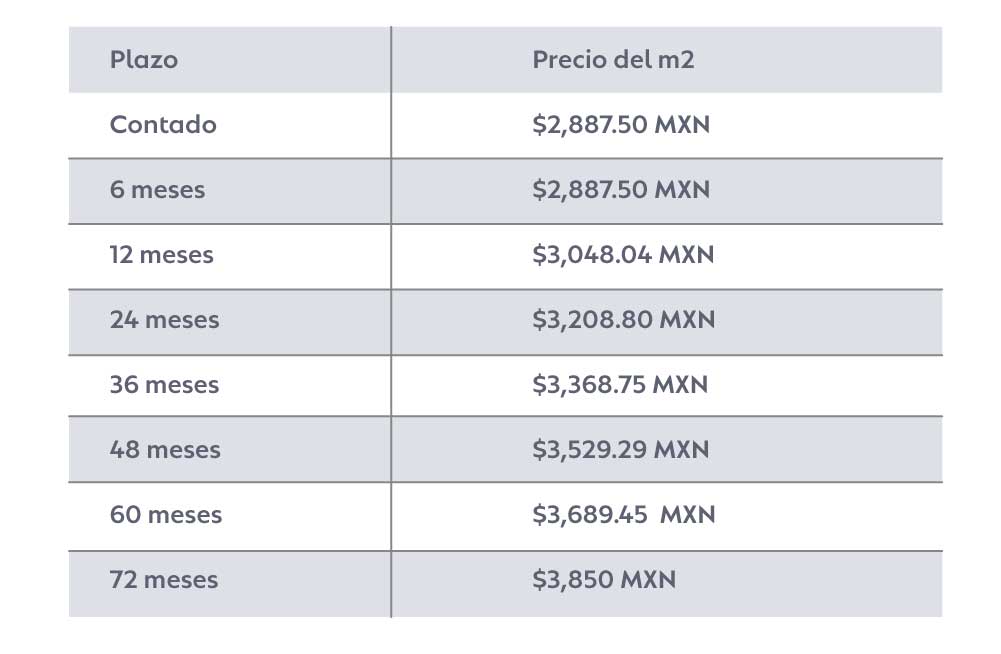 Comparador de del metro cuadrado a diferentes plazos.