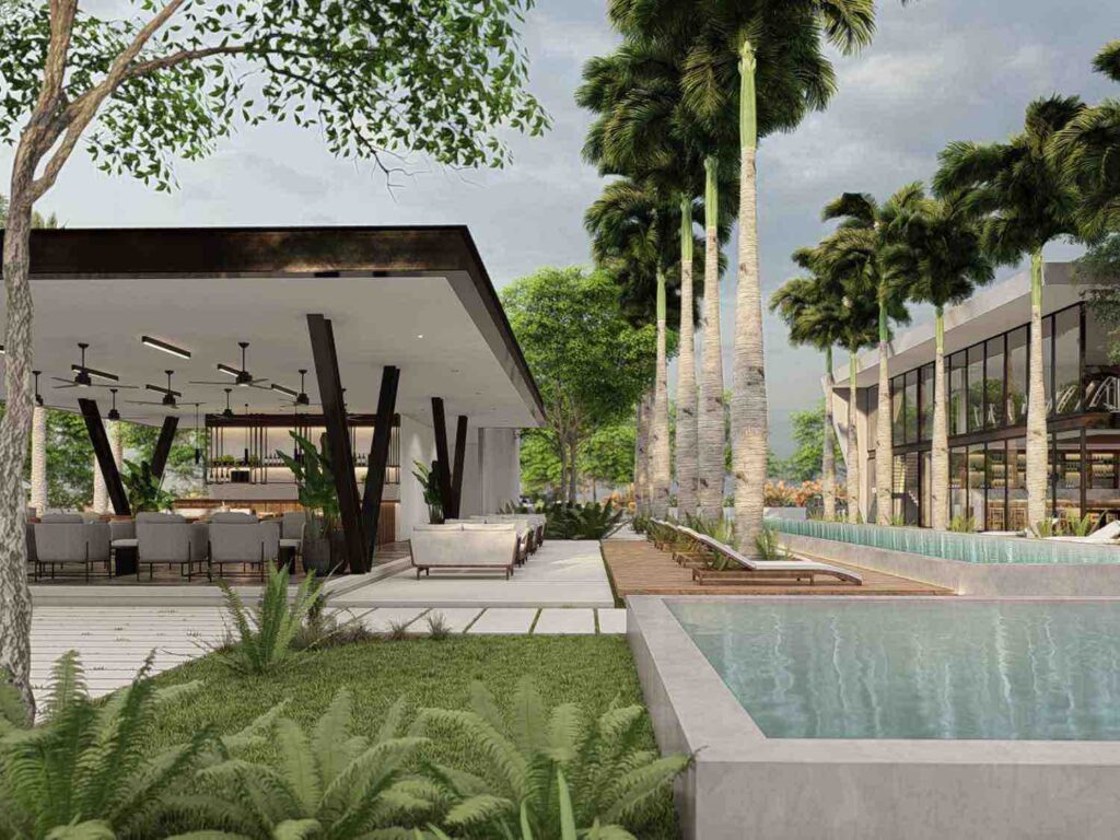 Casa club y áreas verdes en Desarrollo de Terrenos Mahal Residencial Contemporánea