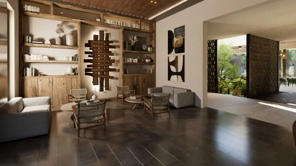 Lobby casa club en Desarrollo de Terrenos Puerta Xaibé