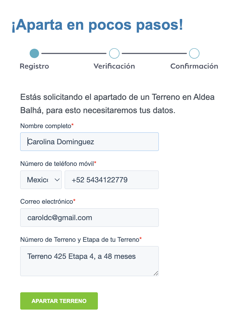 Formulario muestra para apartar terreno en Aldea Balhá