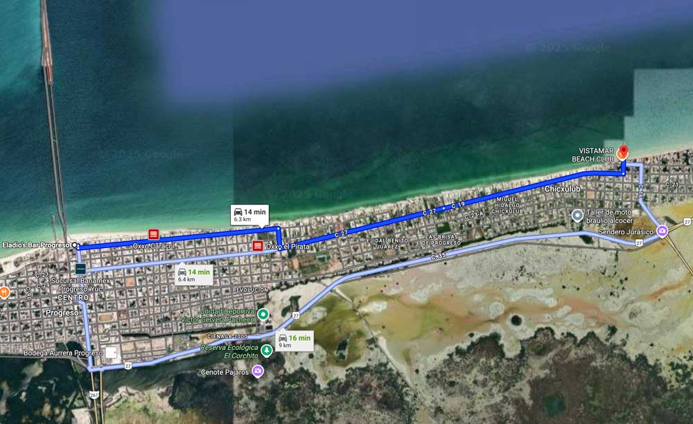 Ruta de Playa de Puerto Progreso Yucatán a Playa de Chicxulub Yucatán