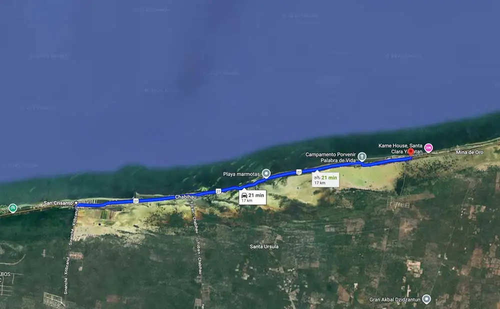 Ruta de Playa de San Crisanto Yucatán a Playa de Santa Clara Yucatán