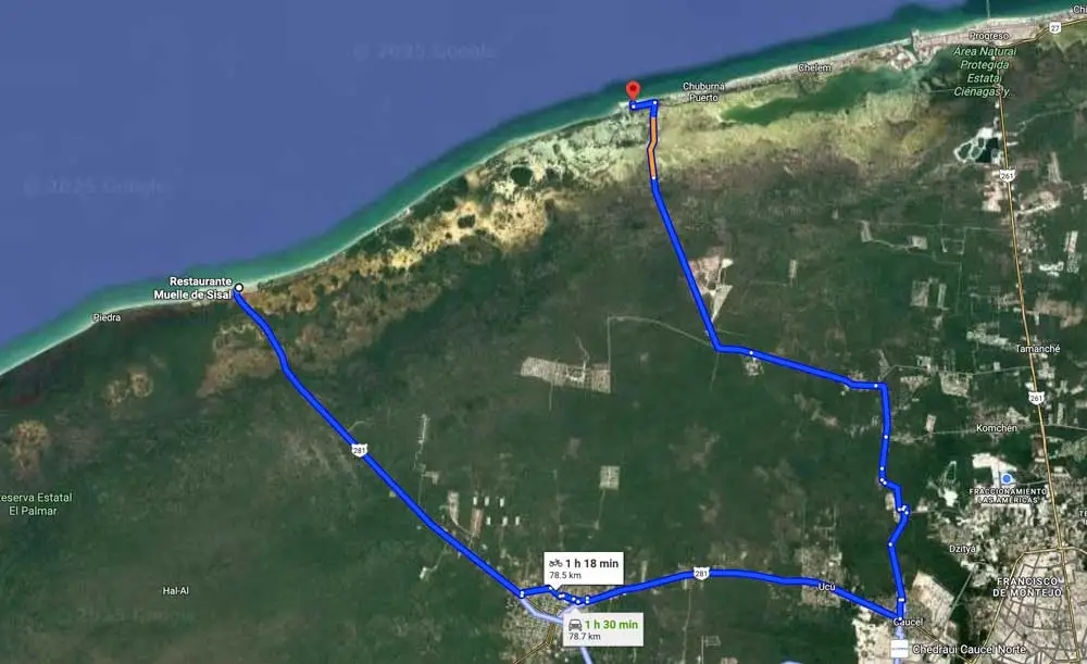 Ruta de Playa de Sisal Yucatán a Playa de Chuburná Yucatán