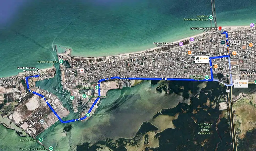 Ruta de Playa de Yucalpetén Yucatán a Playa de Puerto Progreso Yucatán