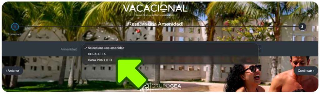 Pantalla de selección de amenidad de Casa Pontthó.