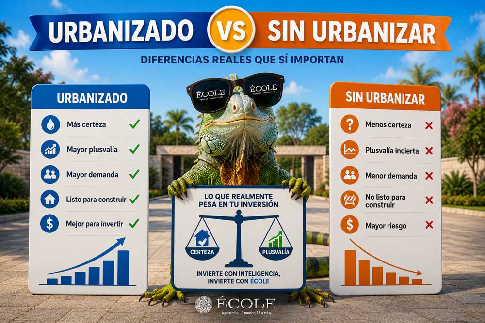 Terrenos en Mérida Urbanizados VS Sin Urbanizar TOLOC parado con un letrero que dice TERRENO URBANIZADO VS TERRENO SIN URBANIZAR
