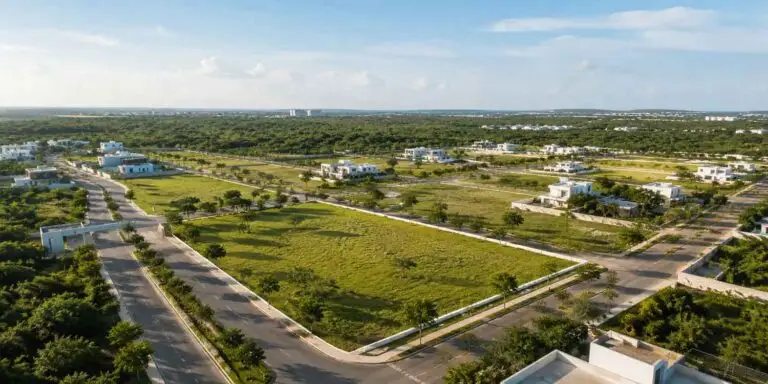 Terreno residencial en Mérida dentro de una zona en crecimiento con vialidades, áreas verdes y viviendas modernas.