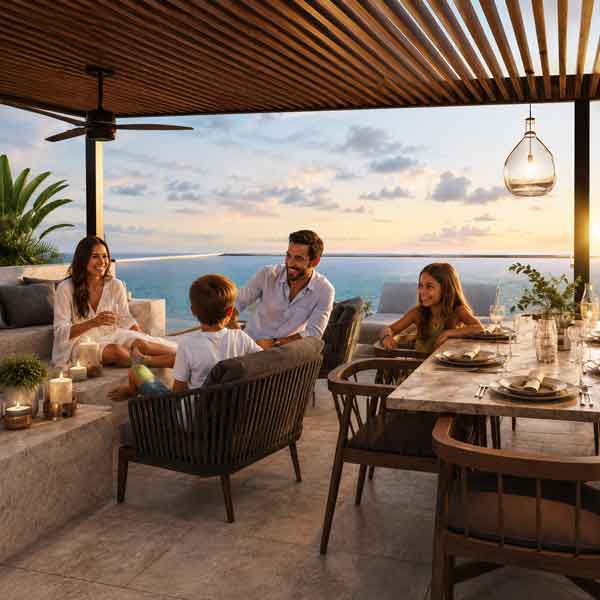 Familia descansando en la Terraza de su Departamento de Yucalpetén Resort Marina