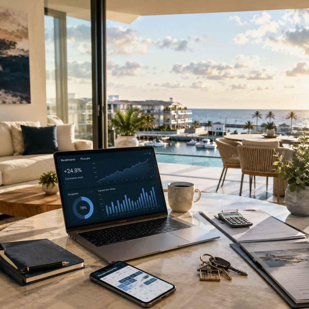 Laptop sobre mesa Inversión en Yucalpetén Resort Marina