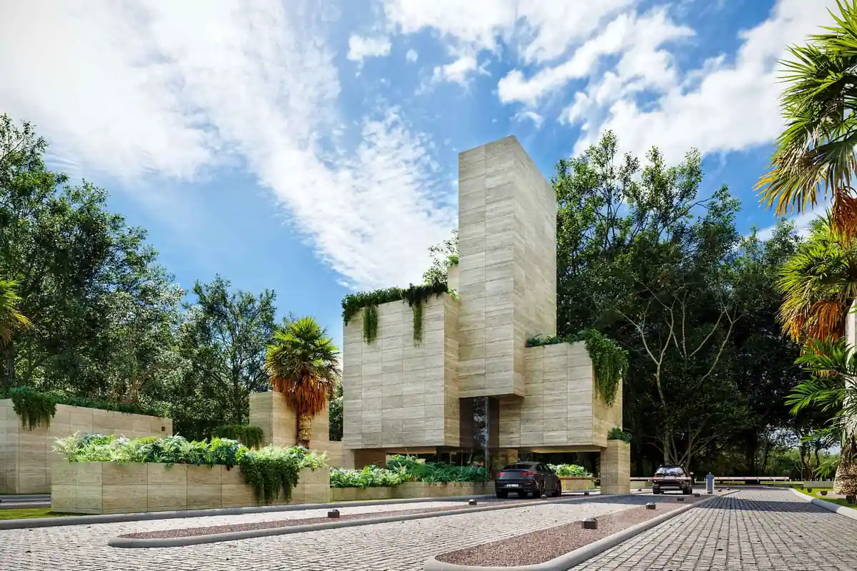 Render del acceso principal de Gran Provincia, desarrollo de SIMCA Desarrollos, con pórtico de piedra y jardines.