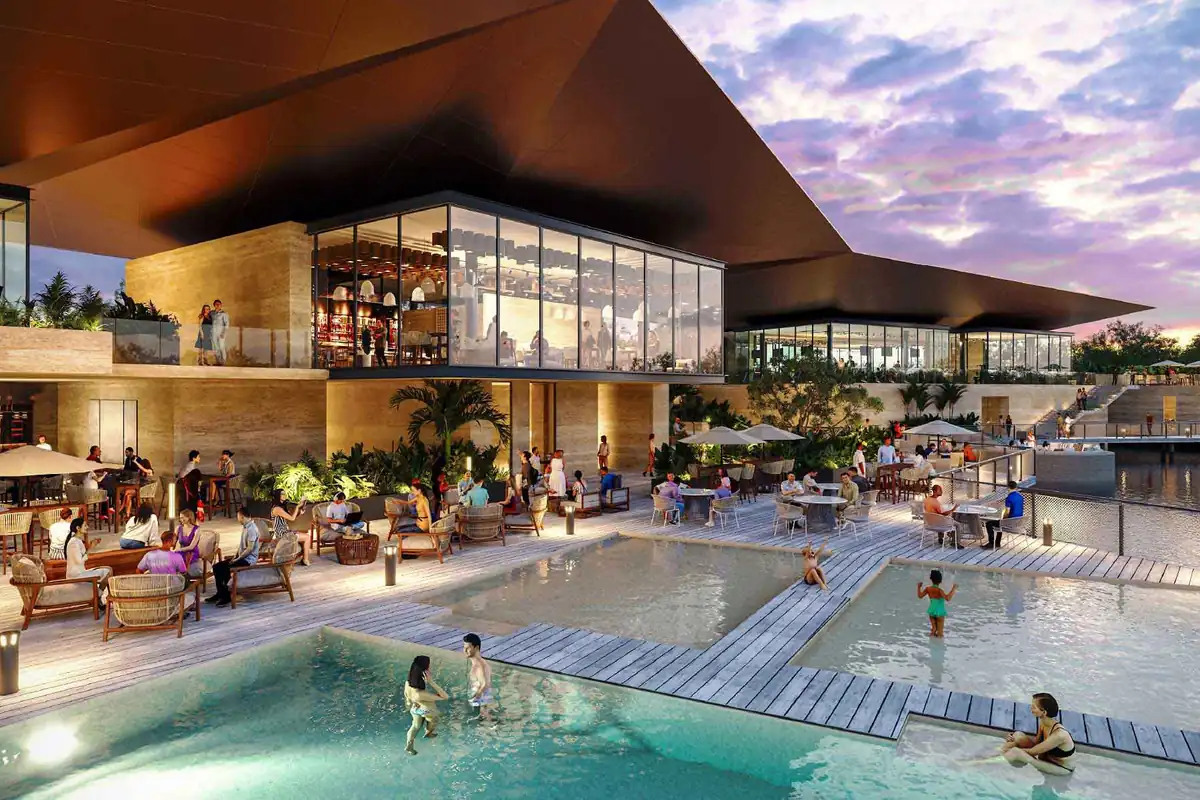 Render de la alberca y las terrazas de la casa club de Gran Provincia de SIMCA Desarrollos.