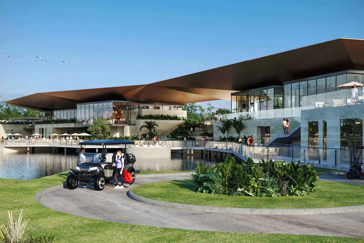 Render de Gran Provincia de SIMCA Desarrollos con carrito de golf, áreas verdes y casa club.