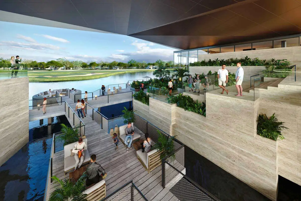 Render del interior abierto de la casa club de Gran Provincia de SIMCA Desarrollos, con terrazas y vista al agua.