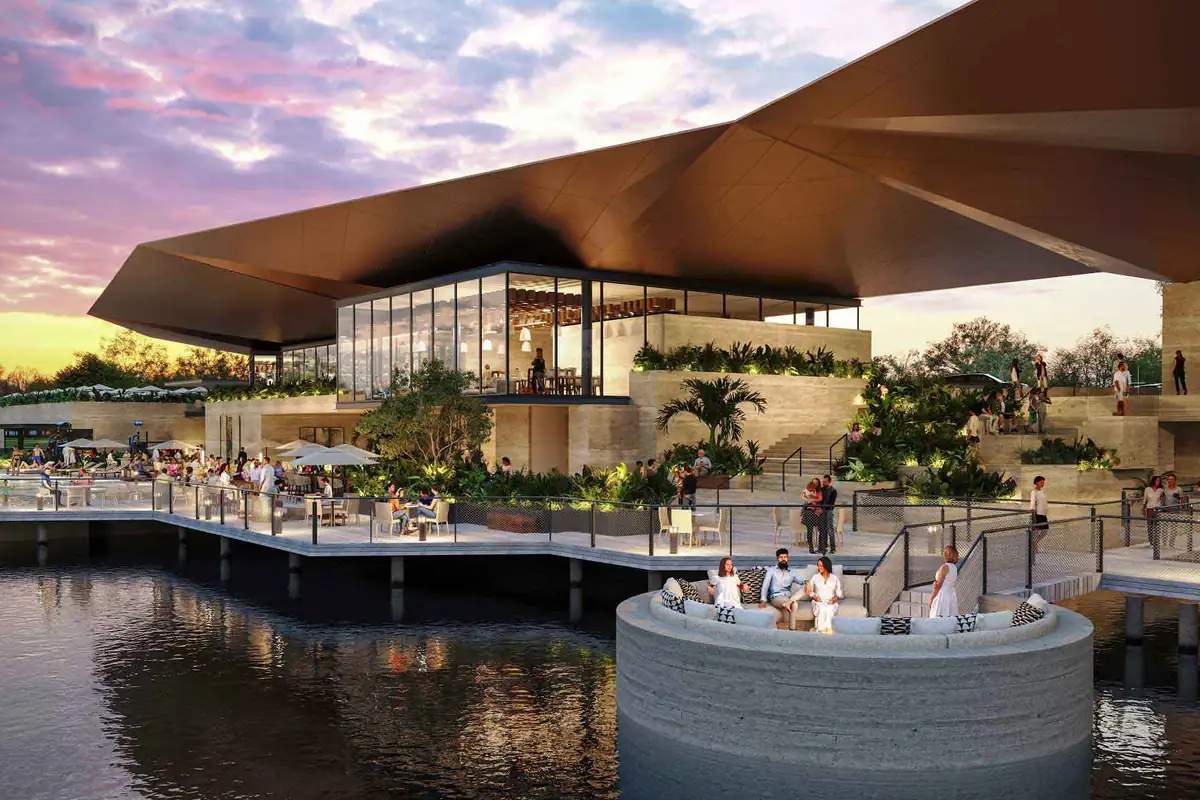 Render del jacuzzi y las terrazas de la casa club de Gran Provincia de SIMCA Desarrollos al atardecer.
