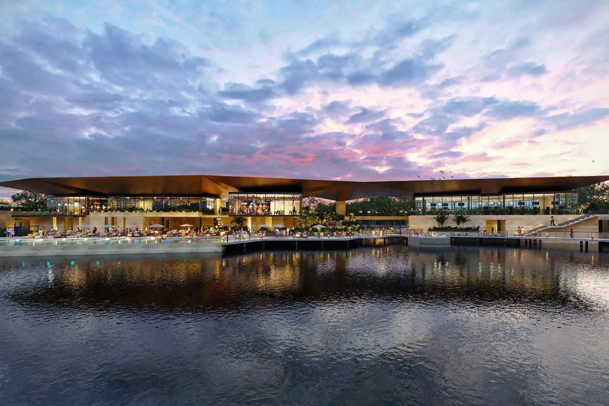 Render del lago frente a la casa club de Gran Provincia de SIMCA Desarrollos al atardecer.