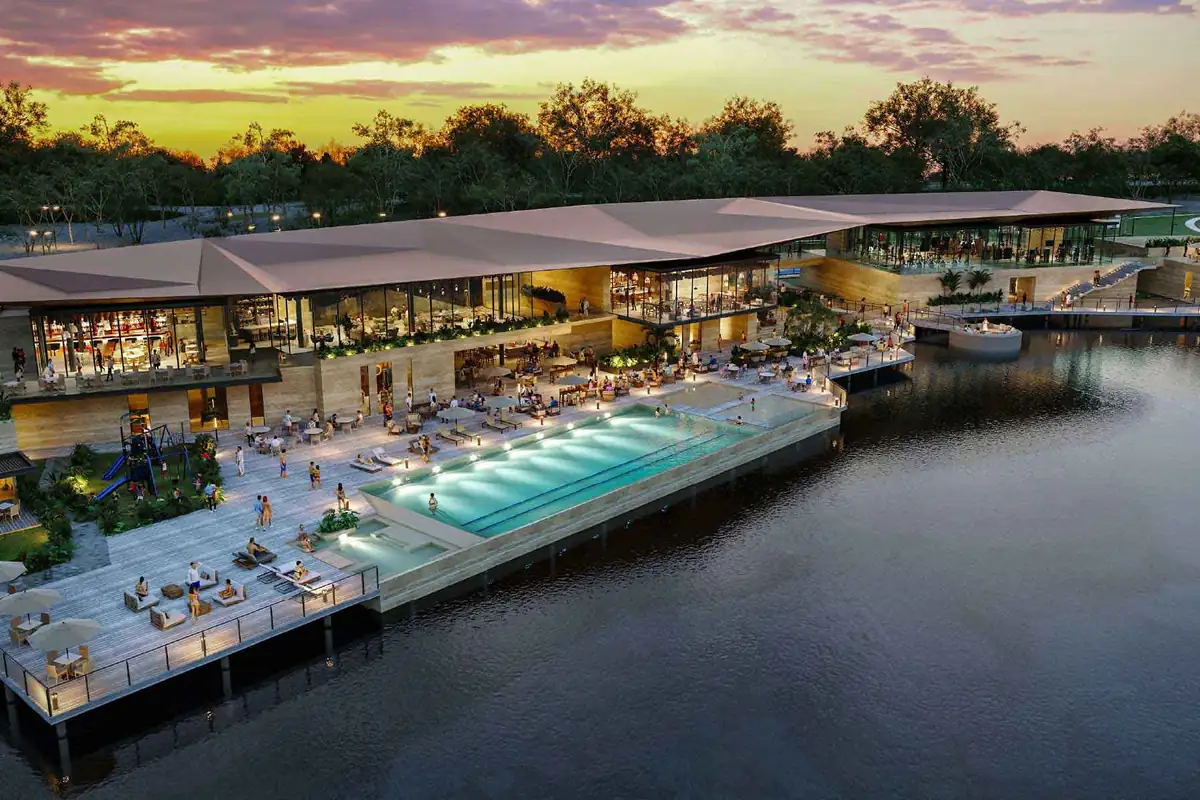 Render aéreo de la casa club de Gran Provincia de SIMCA Desarrollos, con alberca, terrazas y lago.