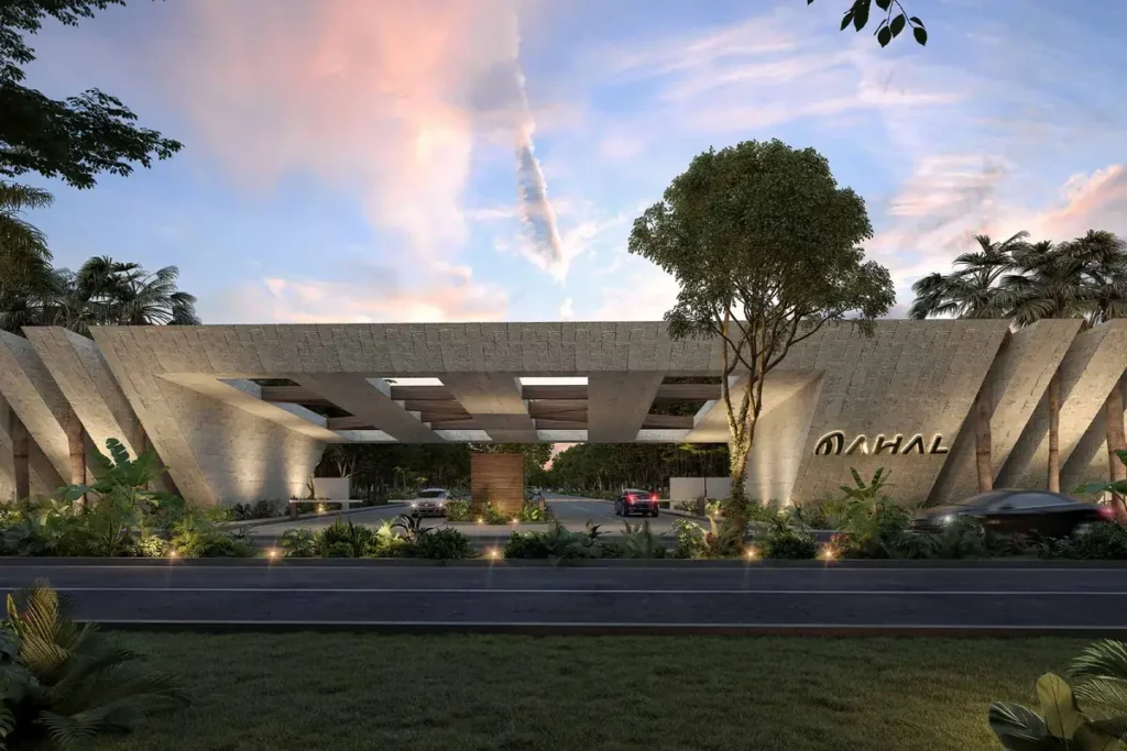 Render del acceso monumental de MAHAL Residencial Contemporánea en Conkal