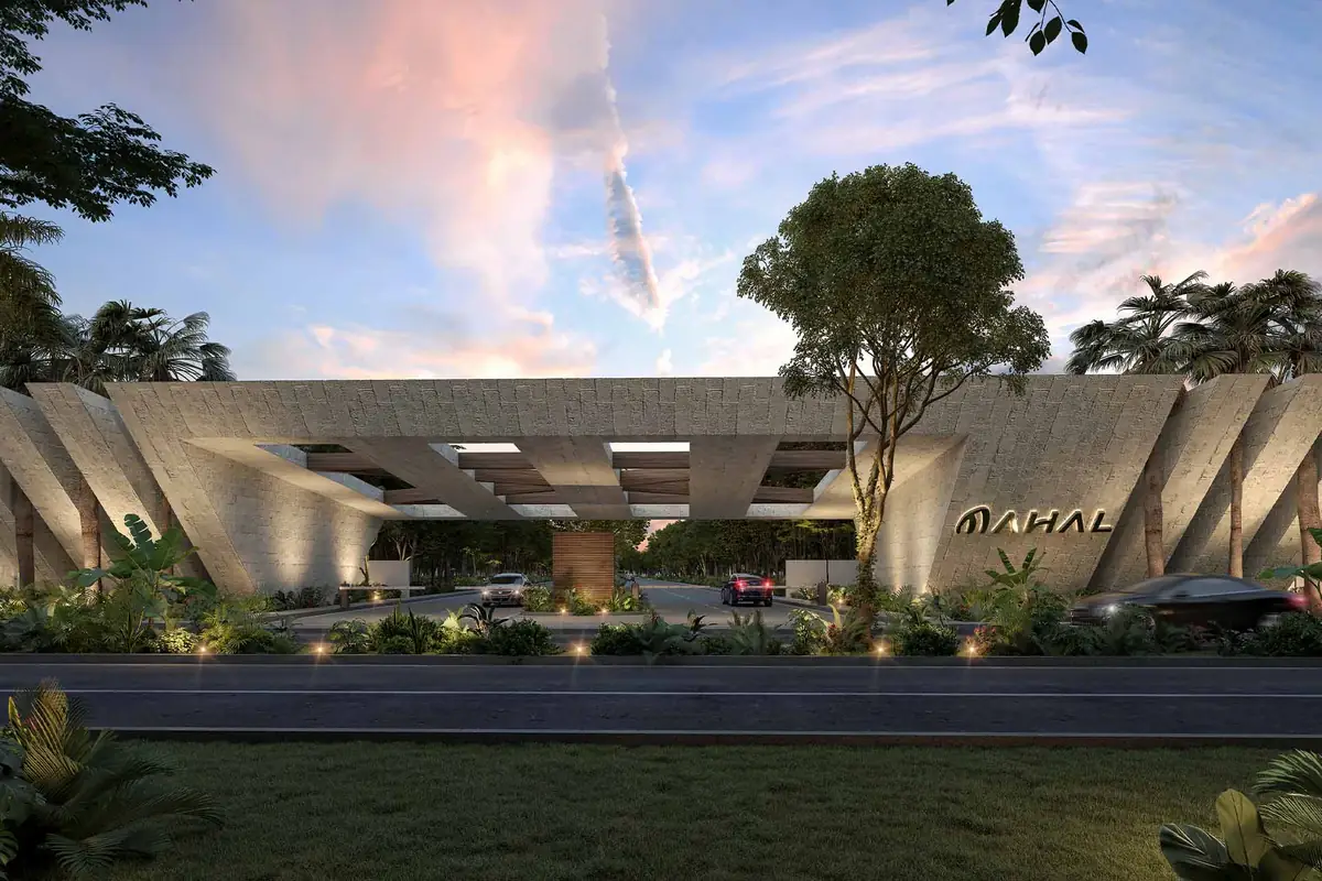 Render del acceso monumental de MAHAL Residencial Contemporánea en Conkal