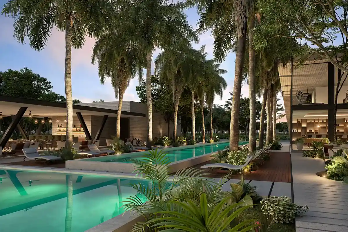 Render de albercas y vegetación de Taj Casa Club en MAHAL Residencial