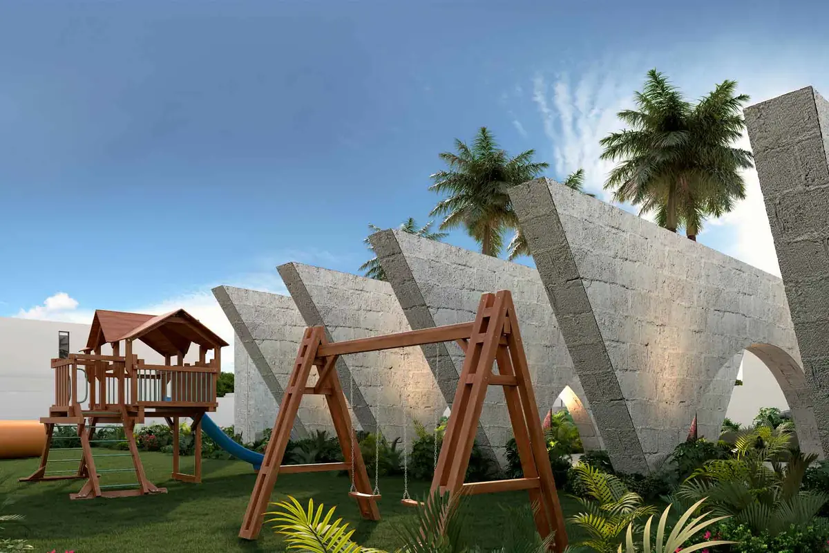 Render del área de juegos infantiles de MAHAL Residencial