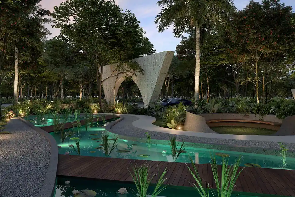 Render del parque botánico con senderos y vegetación de MAHAL Residencial