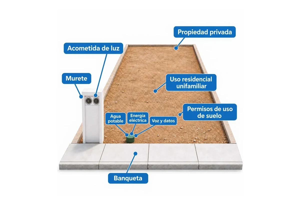 Esquema de servicios a pie de lote y características del terreno en MAHAL Residencial