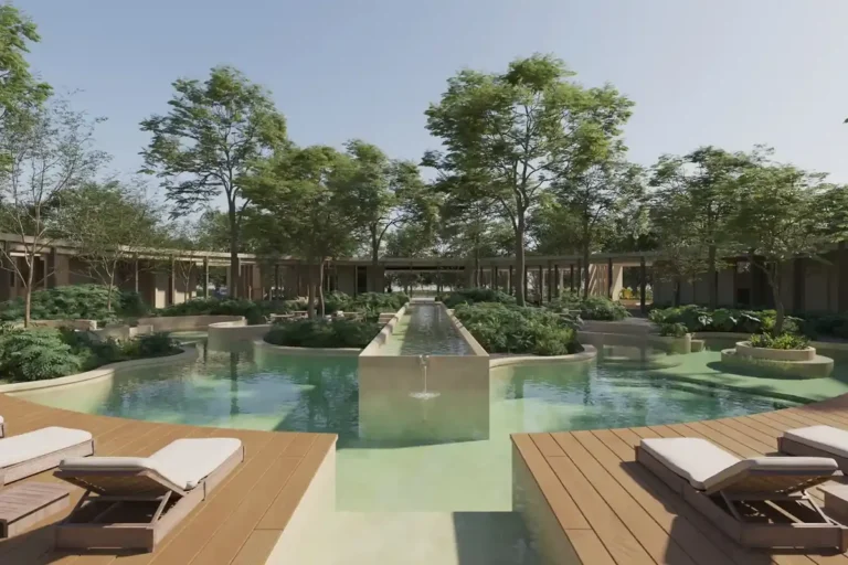Render de la alberca familiar de Nórtico Residencial, de SIMCA Desarrollos, con terrazas y camastros.