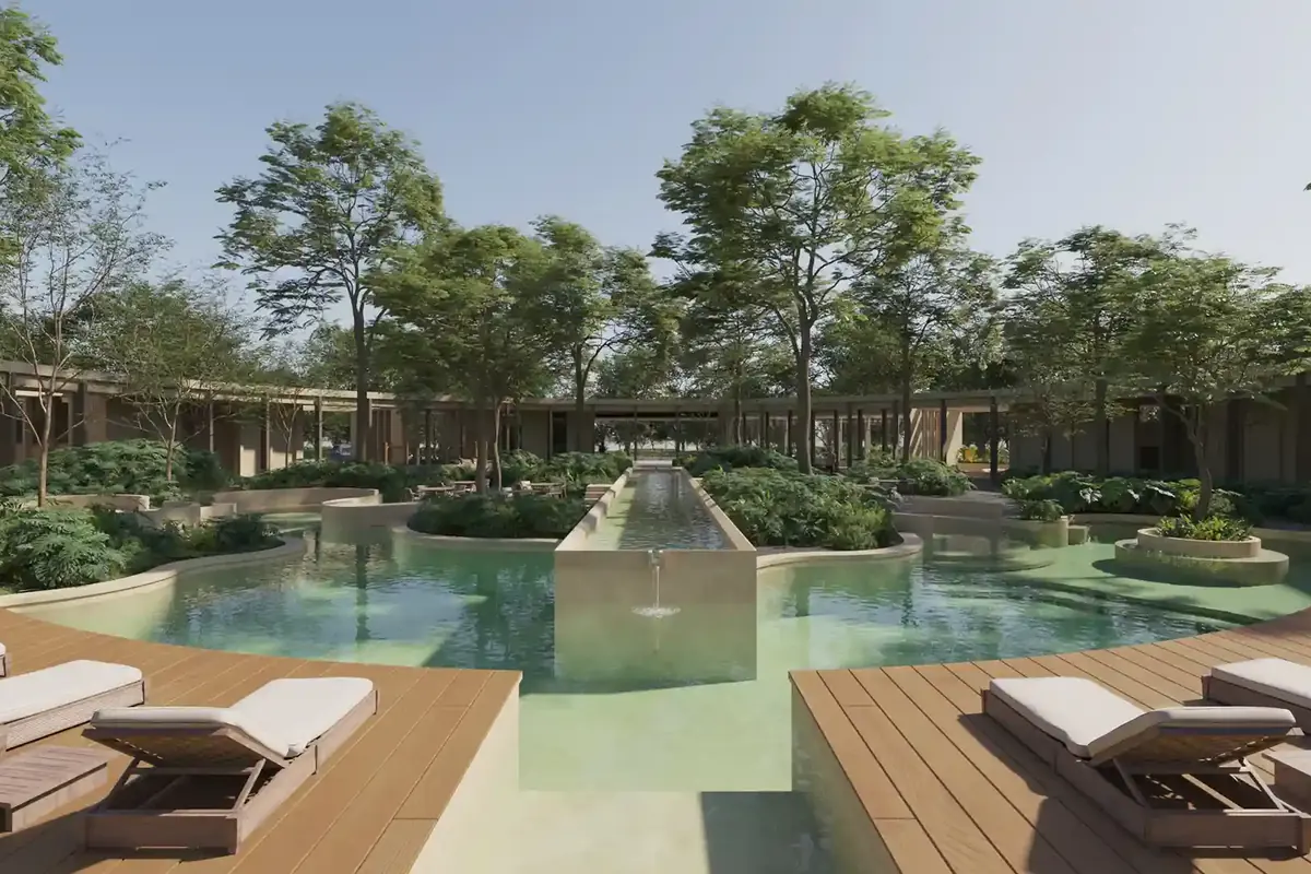 Render de la alberca familiar de Nórtico Residencial, de SIMCA Desarrollos, con terrazas y camastros.