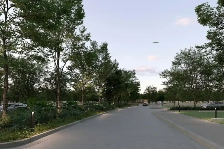 Render de las avenidas interiores de Nórtico Residencial, de SIMCA Desarrollos, con banquetas, iluminación y vegetación.