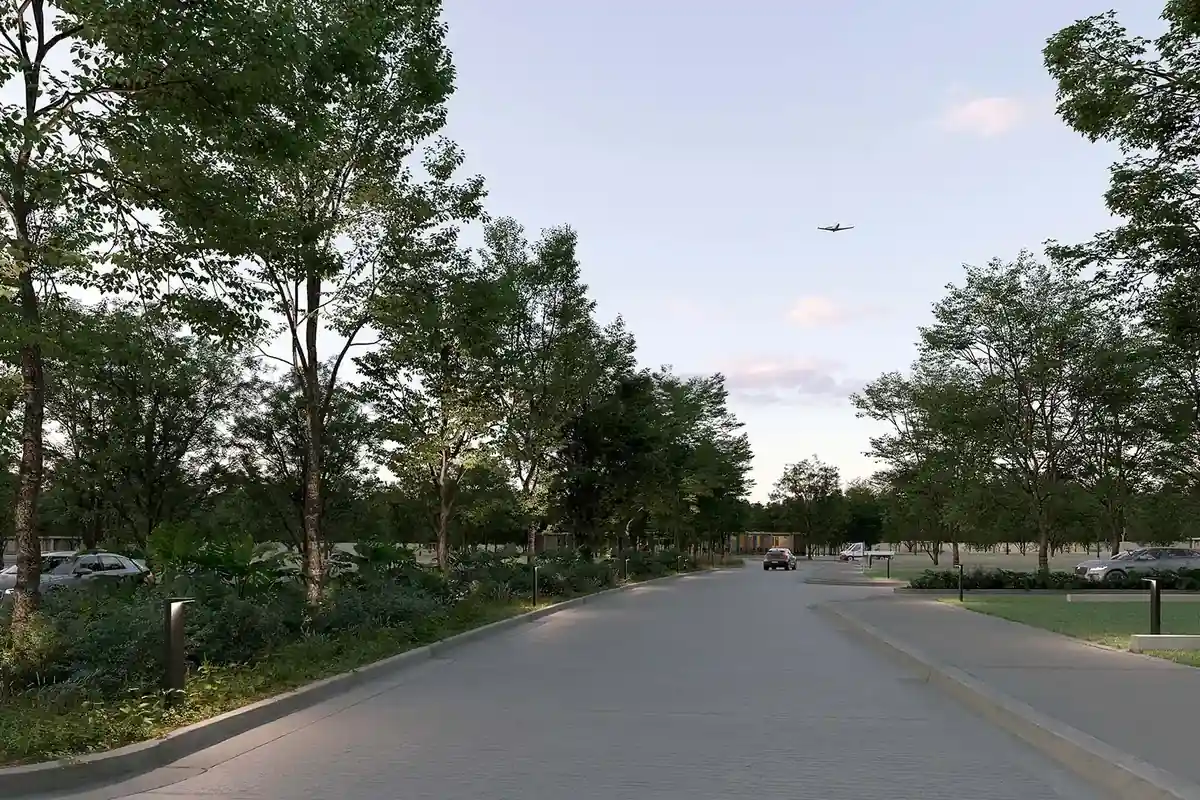 Render de las avenidas interiores de Nórtico Residencial, de SIMCA Desarrollos, con banquetas, iluminación y vegetación.
