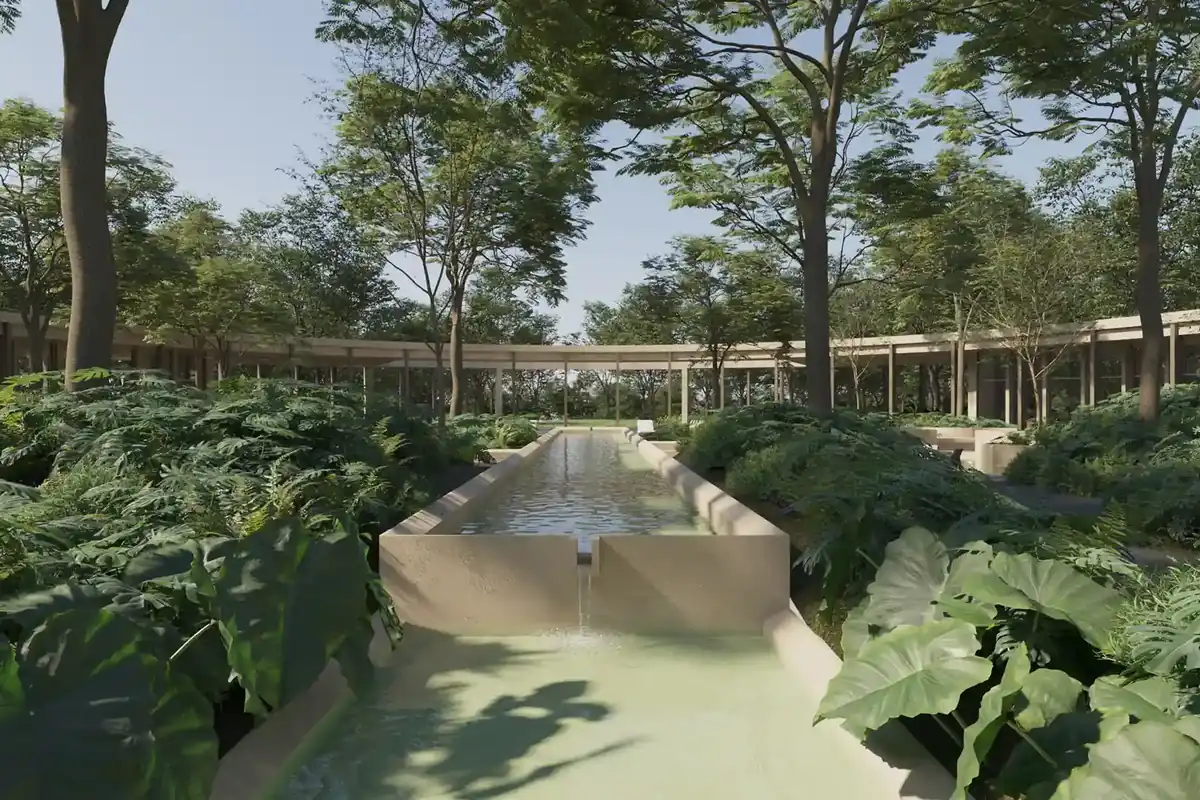 Render del canal de nado de Nórtico Residencial, de SIMCA Desarrollos, rodeado de vegetación.