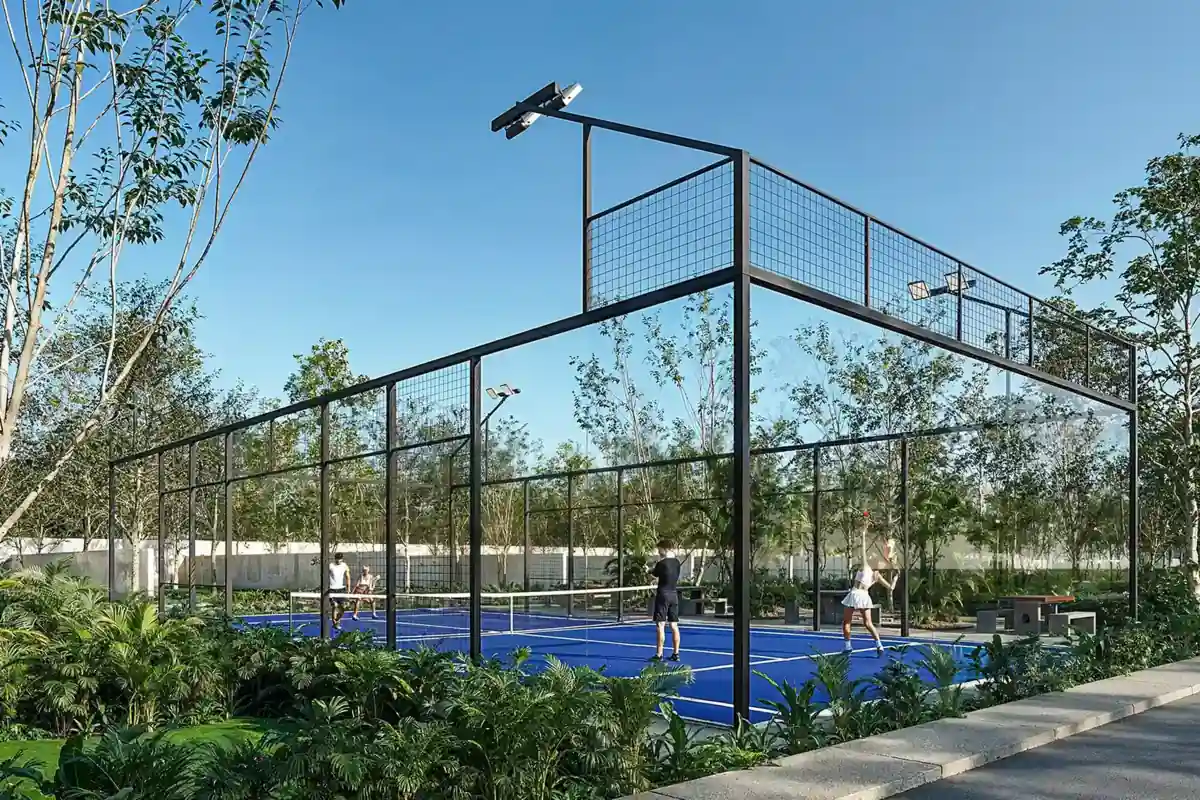 Render de las canchas de pádel de Nórtico Residencial, de SIMCA Desarrollos, rodeadas de áreas verdes.