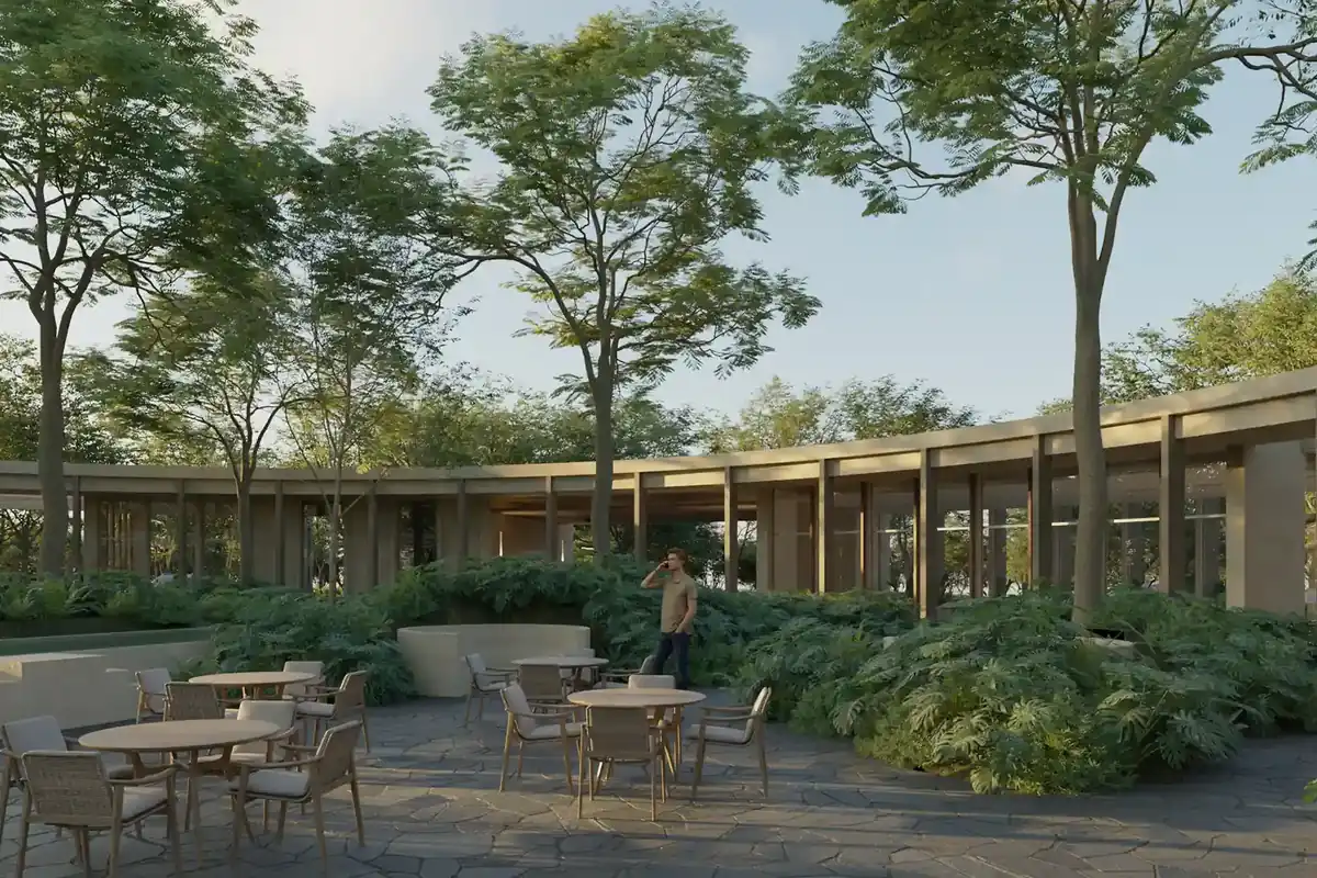 Render de las terrazas y áreas verdes de la casa club de Nórtico Residencial, de SIMCA Desarrollos.