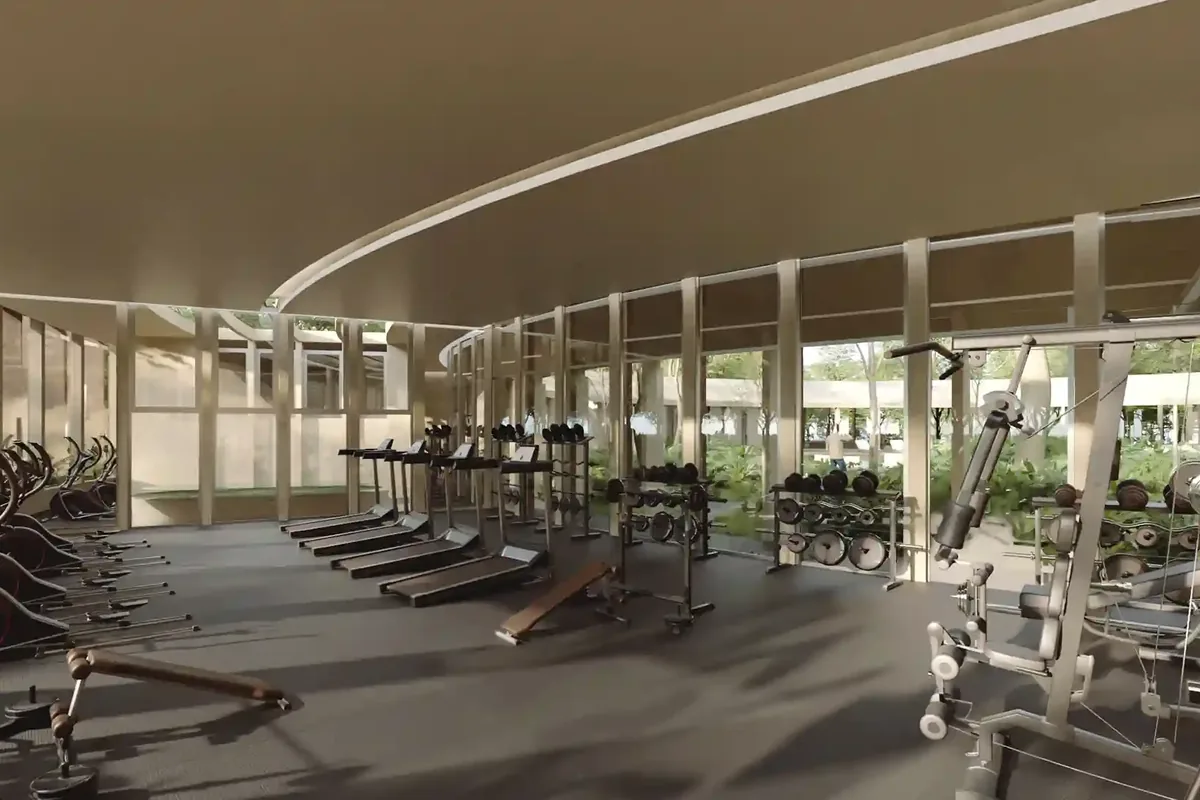 Render del gimnasio de Nórtico Residencial, de SIMCA Desarrollos, con equipos y vistas al jardín.
