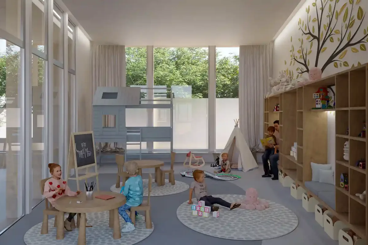 Render del Kids Club de Nórtico Residencial, de SIMCA Desarrollos, con mobiliario infantil y espacios de juego.