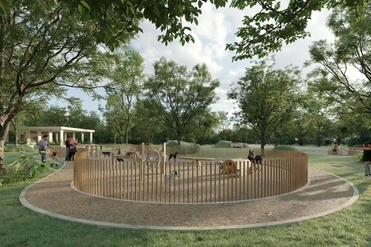 Render del pet park de Nórtico Residencial, de SIMCA Desarrollos, con área delimitada para mascotas.