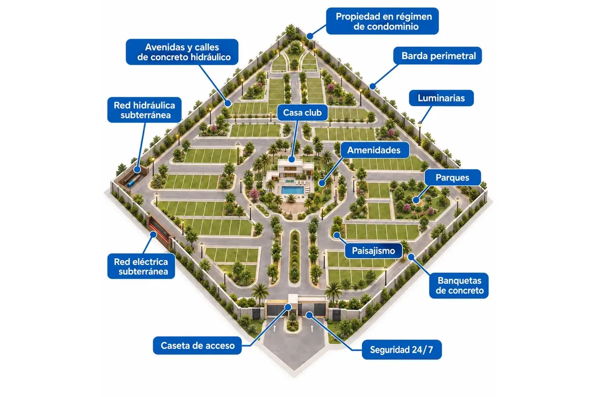 Esquema de la privada Nórtico Residencial, de SIMCA Desarrollos, con acceso, vialidades, lotes y espacios comunes.