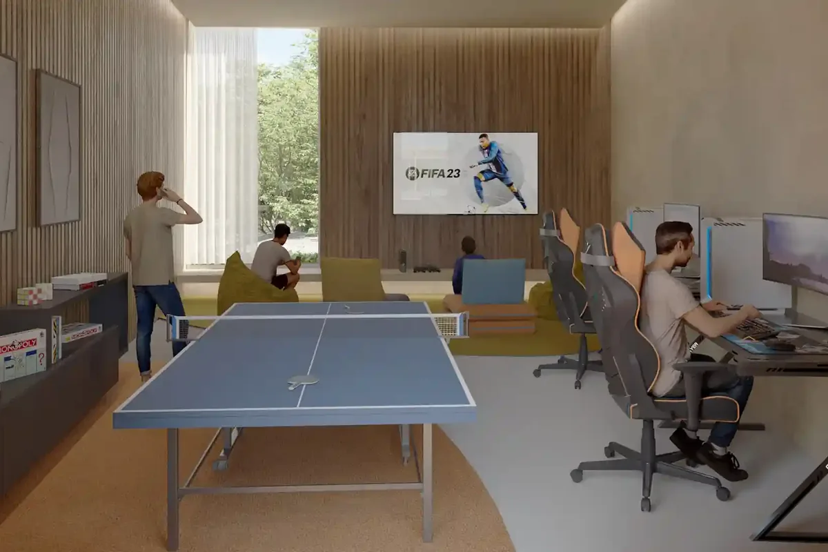 Render del Teens Club de Nórtico Residencial, de SIMCA Desarrollos, con mesa de ping pong y áreas de juego.