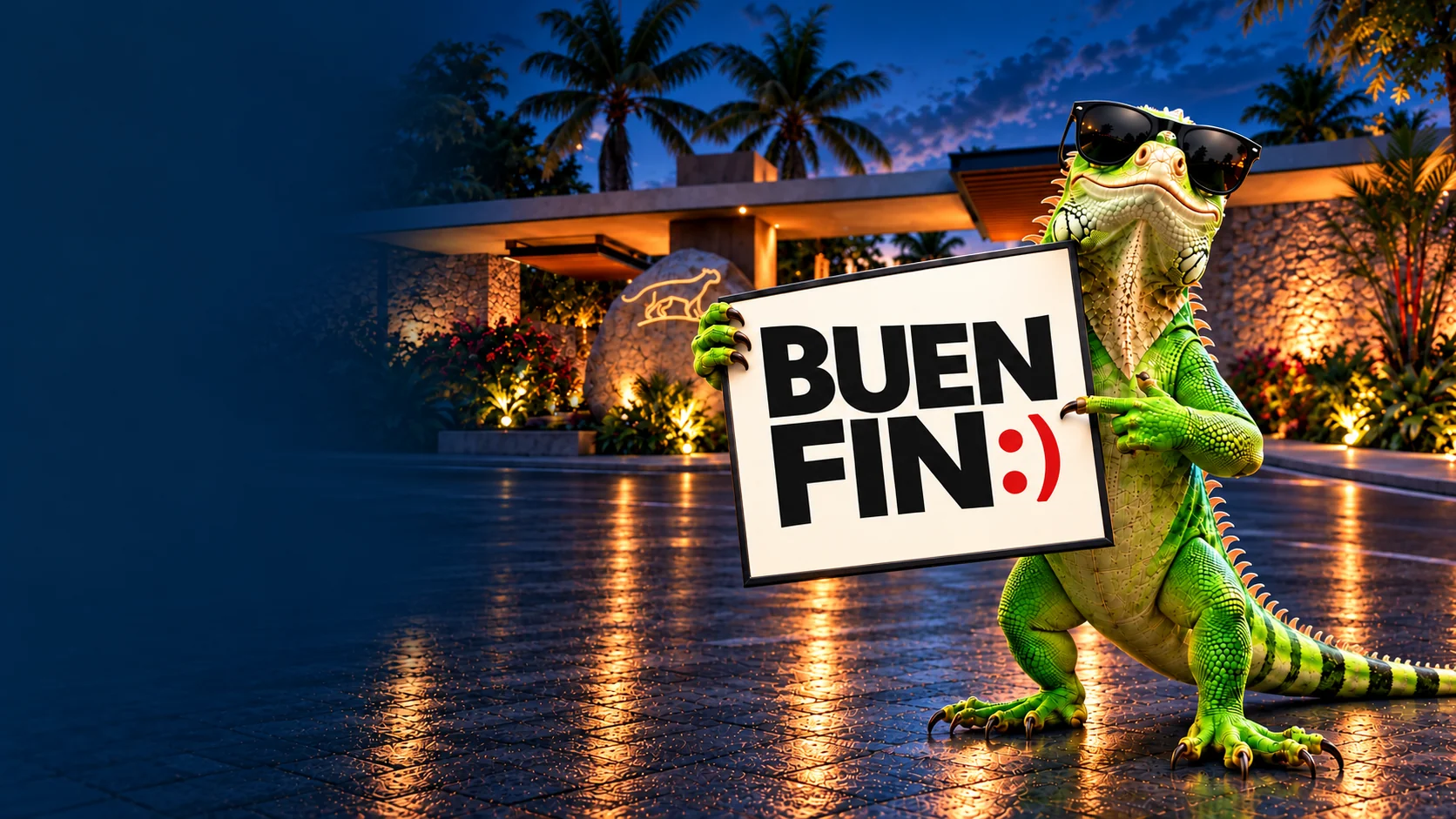 Ilustración de campaña Buen Fin: iguana con lentes frente a una residencia tropical al atardecer.